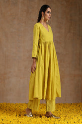 Lime Gold Cotton Kalidar Kurta Set